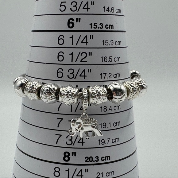 Silver Tone Elephant Charm Beaded Bangle Bracelet Adjustable - Picture 2 of 3